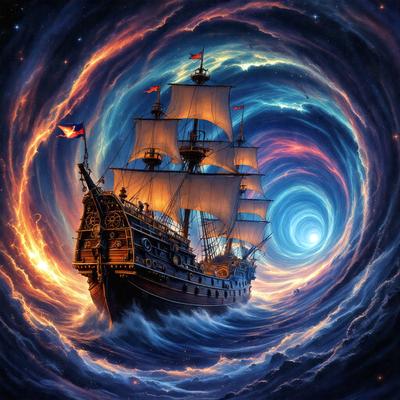 The primary subject of the image is a large sailing ship, which is the main focus of the scene. The ship is sailing through a blue and purple tunnel, giving the impression of a whirlpool. The setting is a space with a backdrop of a blue and purple tunnel, creating a unique and visually striking environment. The visual style of the image is digital art, as it appears to be a painting or drawing created using digital tools. The colors and mood of the image are predominantly blue and purple